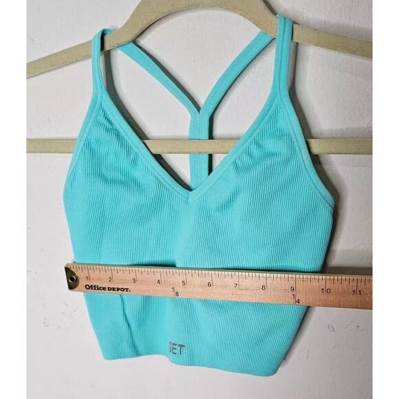 Set Active Light Aqua Ribbed Scuptflex Crop V Neck Skinny Strap Y Back XS / S - Picture 4 of 6
